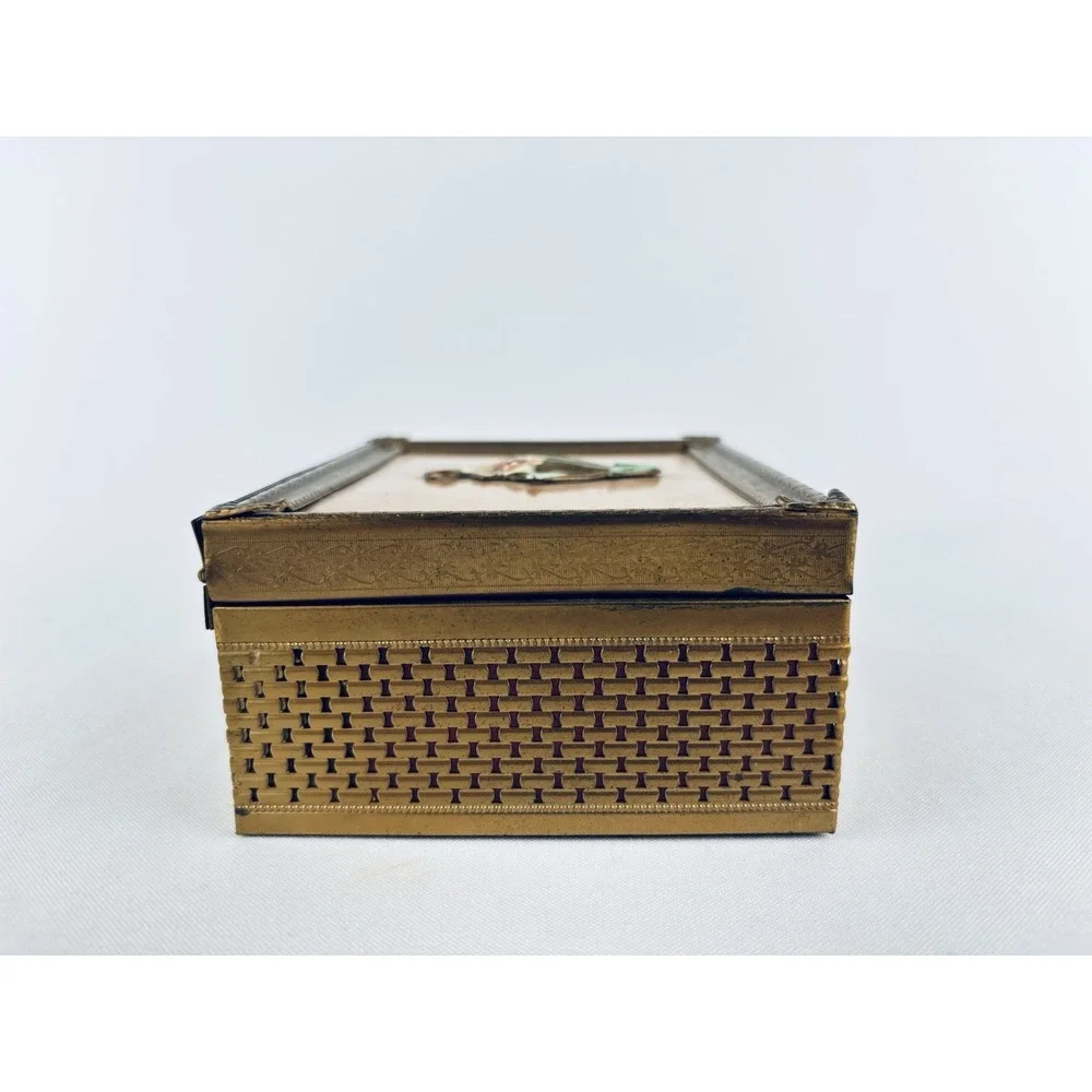 Vintage Metal Brass Jewelry Box With Floral Insert - Trinket Keeper